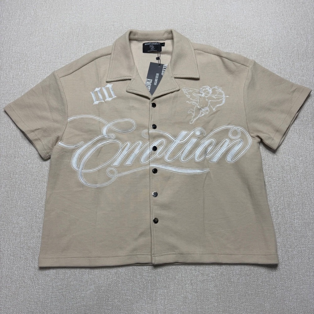 Mixed Emotion Men Tan Waffle Knit Embroidered Cupid Shirt Large NEW